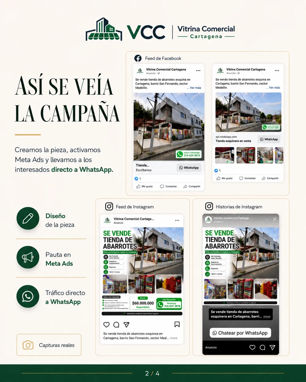 Así se veía la campaña de la tienda de abarrotes en feed de Facebook, feed de Instagram e historias
